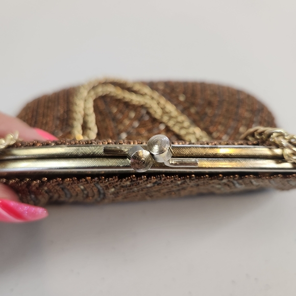 Vintage 1960s MCM Beaded Evening Bag Clutch Purse Brown Gold Bridal Bag Kisslock - Picture 4 of 10